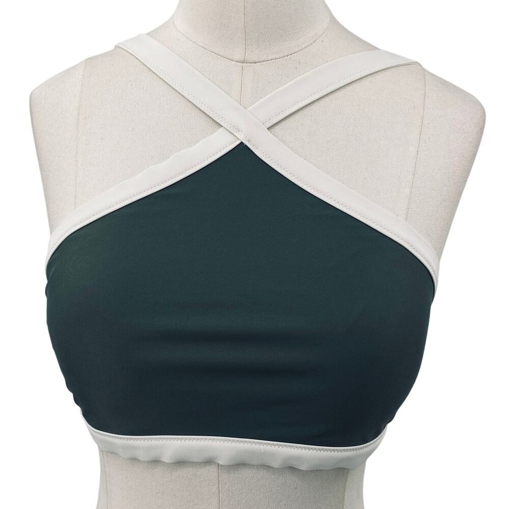 Aerie Swim Top Y Neck Halter Cropped Swimsuit Top Dark Gray White Womens Medium